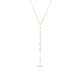 14K YELLOW GOLD 18-INCH PAPERCLIP CHAIN LARIAT NECKLACE WITH CULTURED PEARL