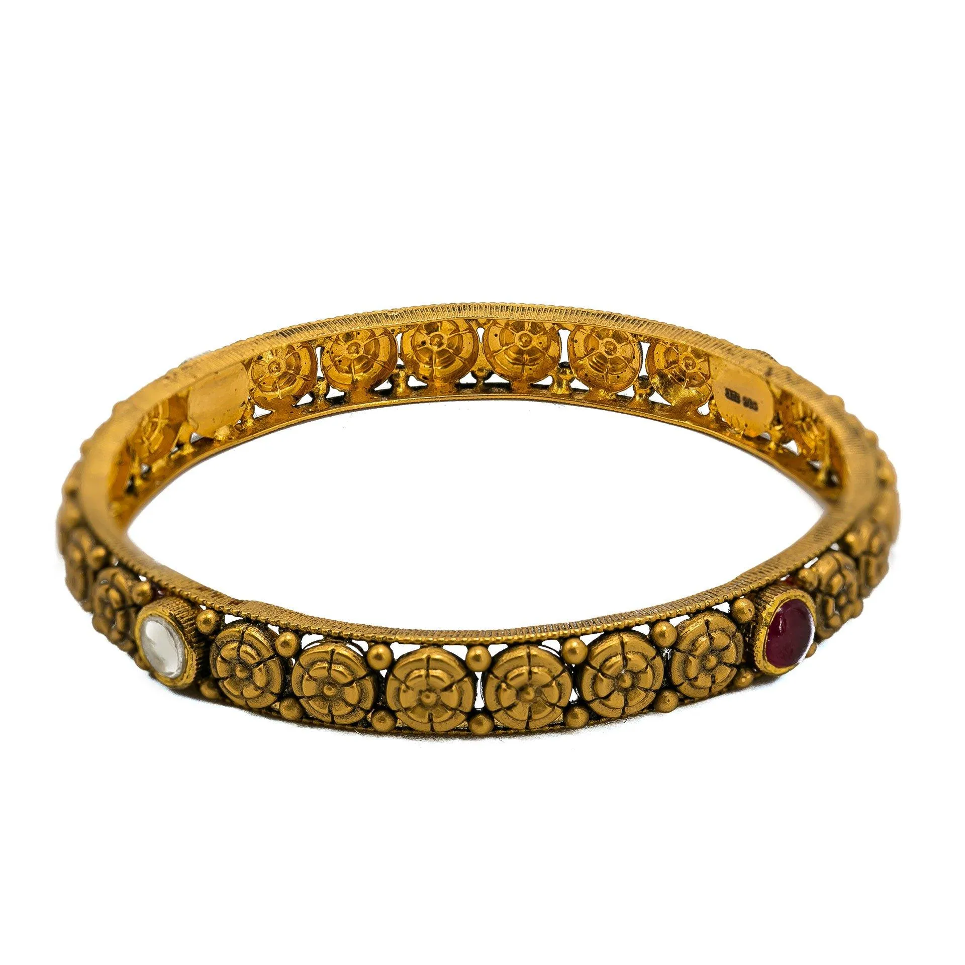 22K Yellow Gold Bangles Set of 2 W/ Rubies, Kundan and Antique Finish Round Details