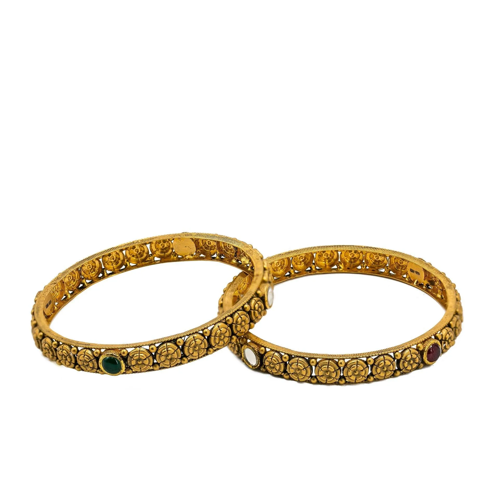 22K Yellow Gold Bangles Set of 2 W/ Rubies, Kundan and Antique Finish Round Details