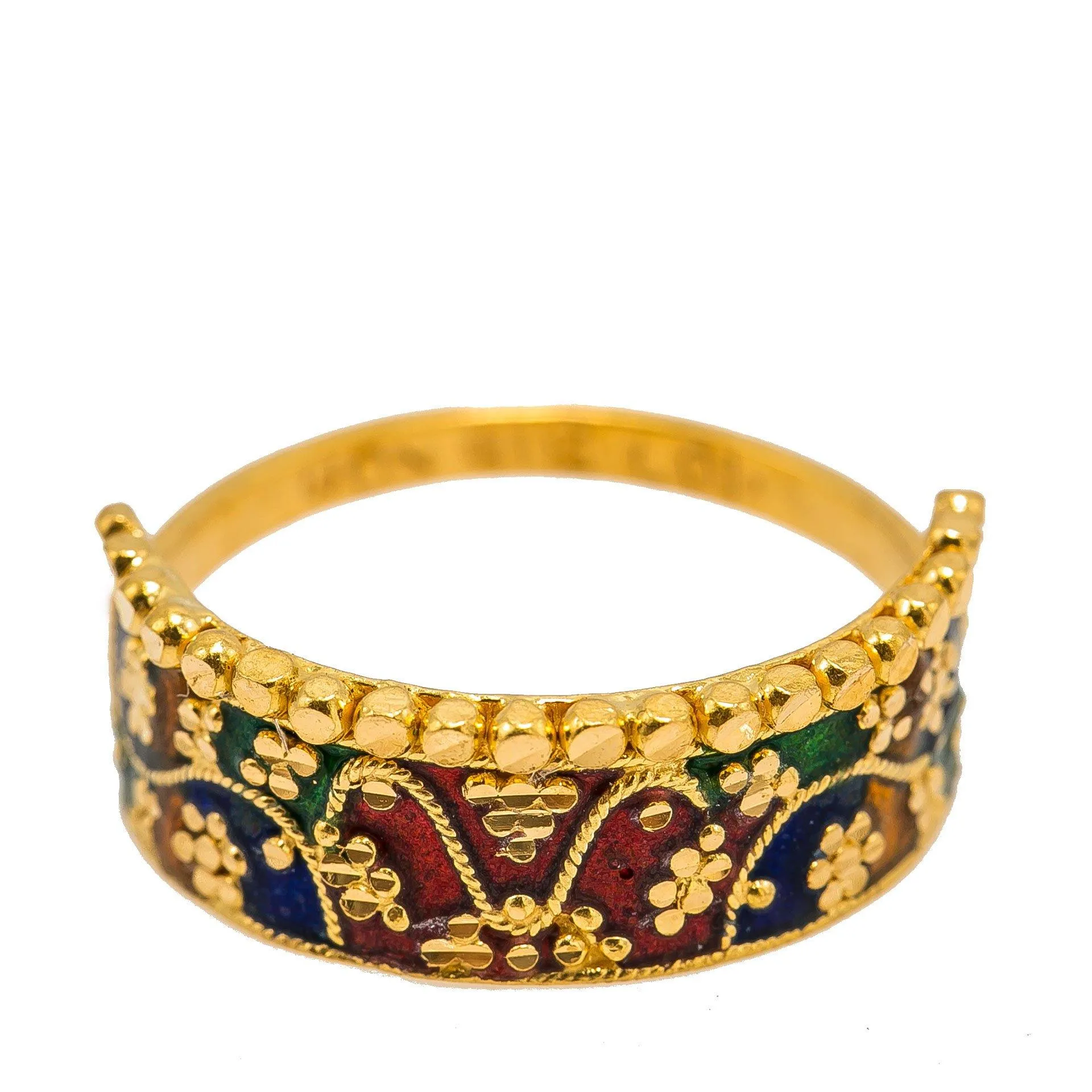 22K Yellow Gold Enamel Ring W/ Crown Design & Cluster Dot Accents