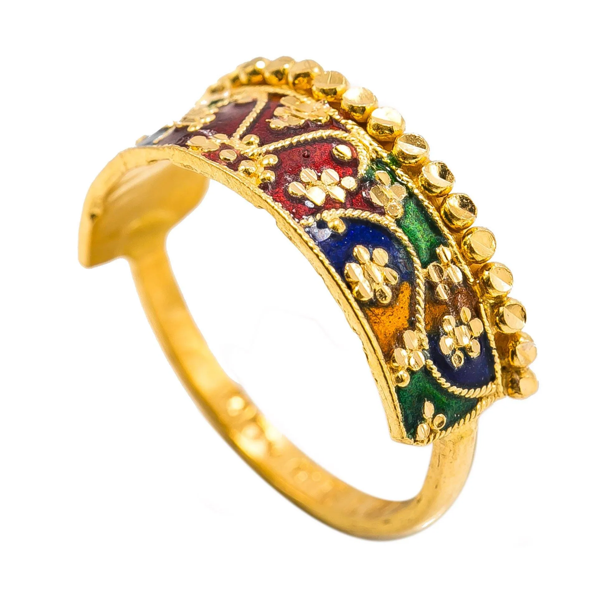 22K Yellow Gold Enamel Ring W/ Crown Design & Cluster Dot Accents