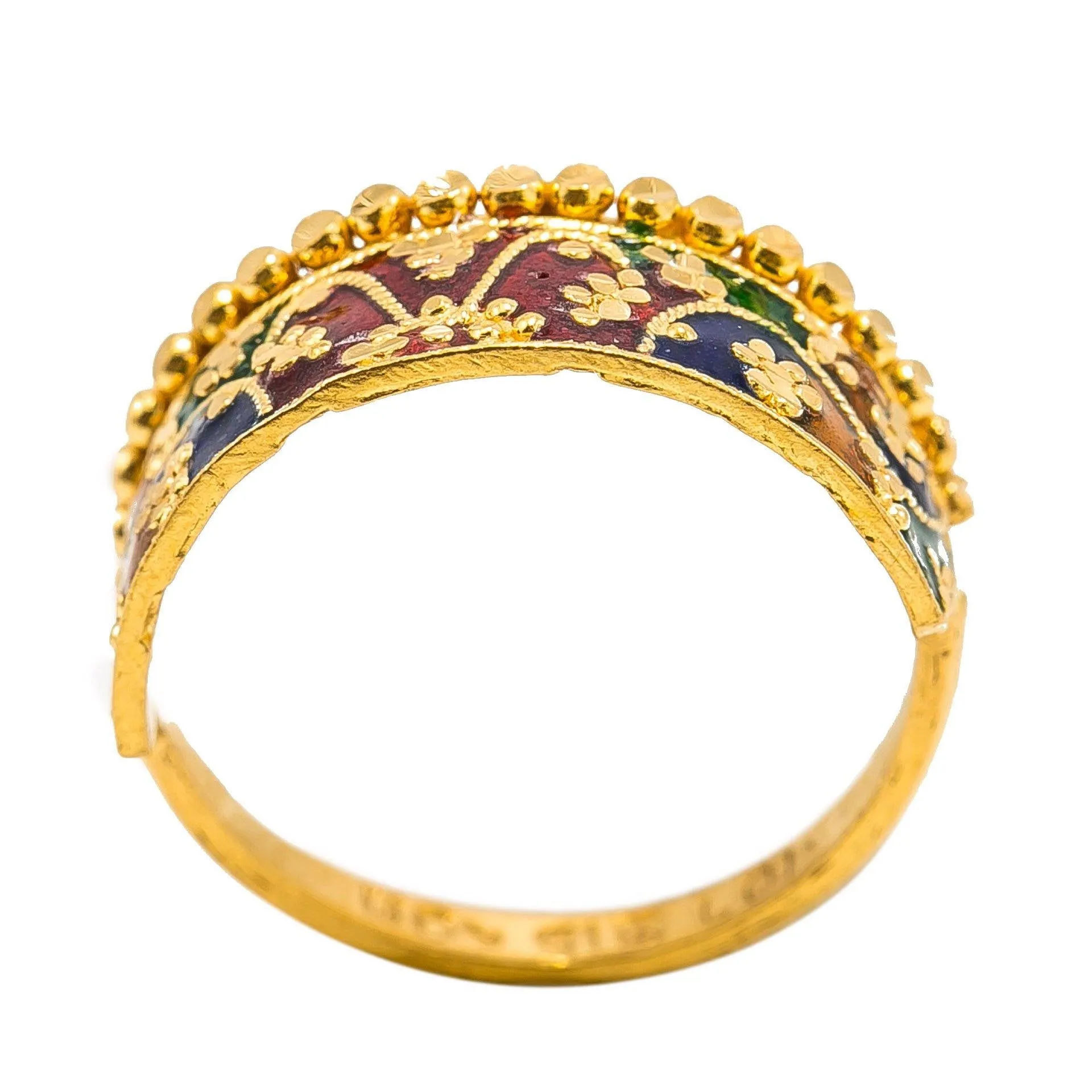 22K Yellow Gold Enamel Ring W/ Crown Design & Cluster Dot Accents