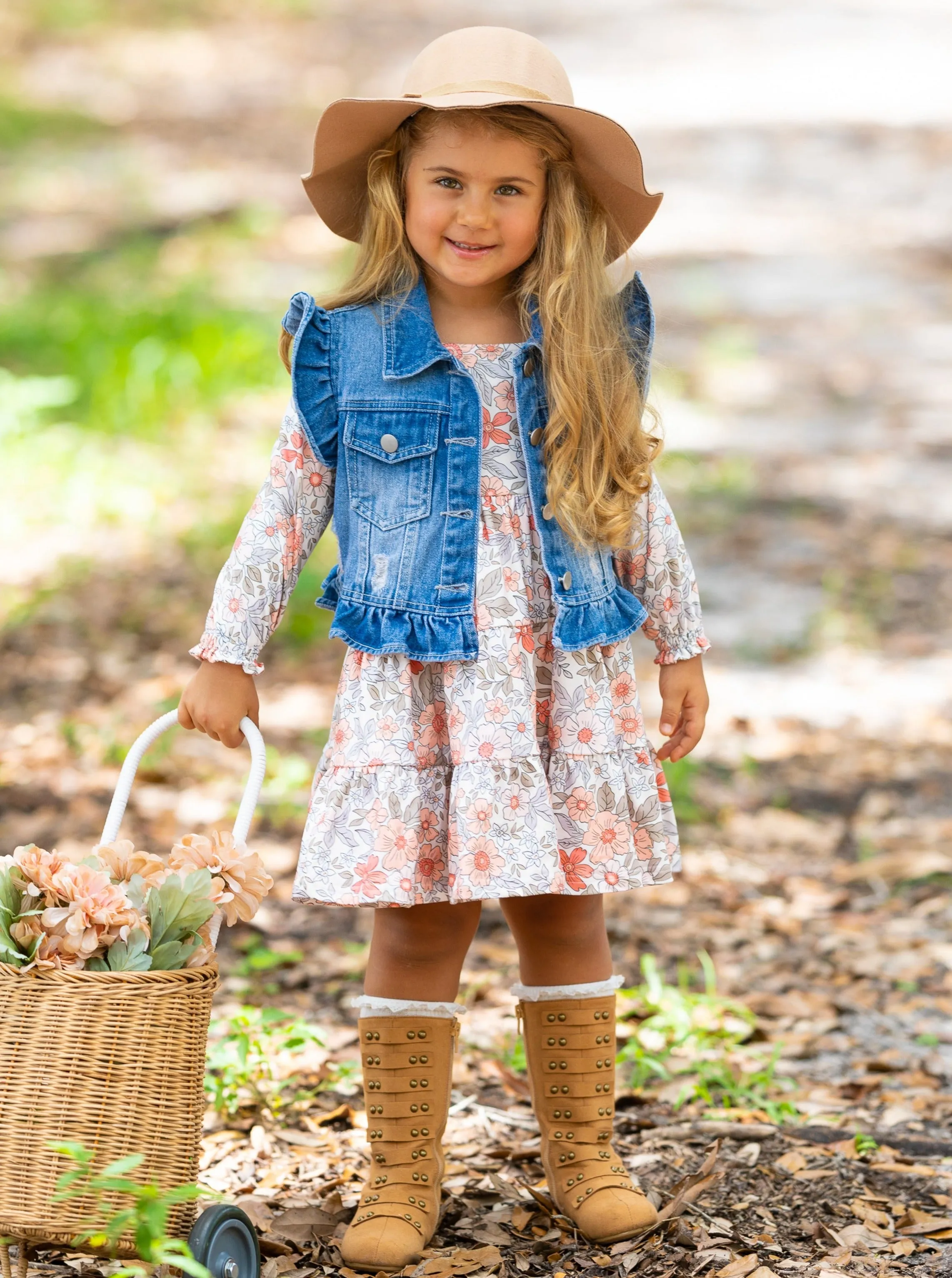 Always In Bloom Denim Vest and Floral Dress Set