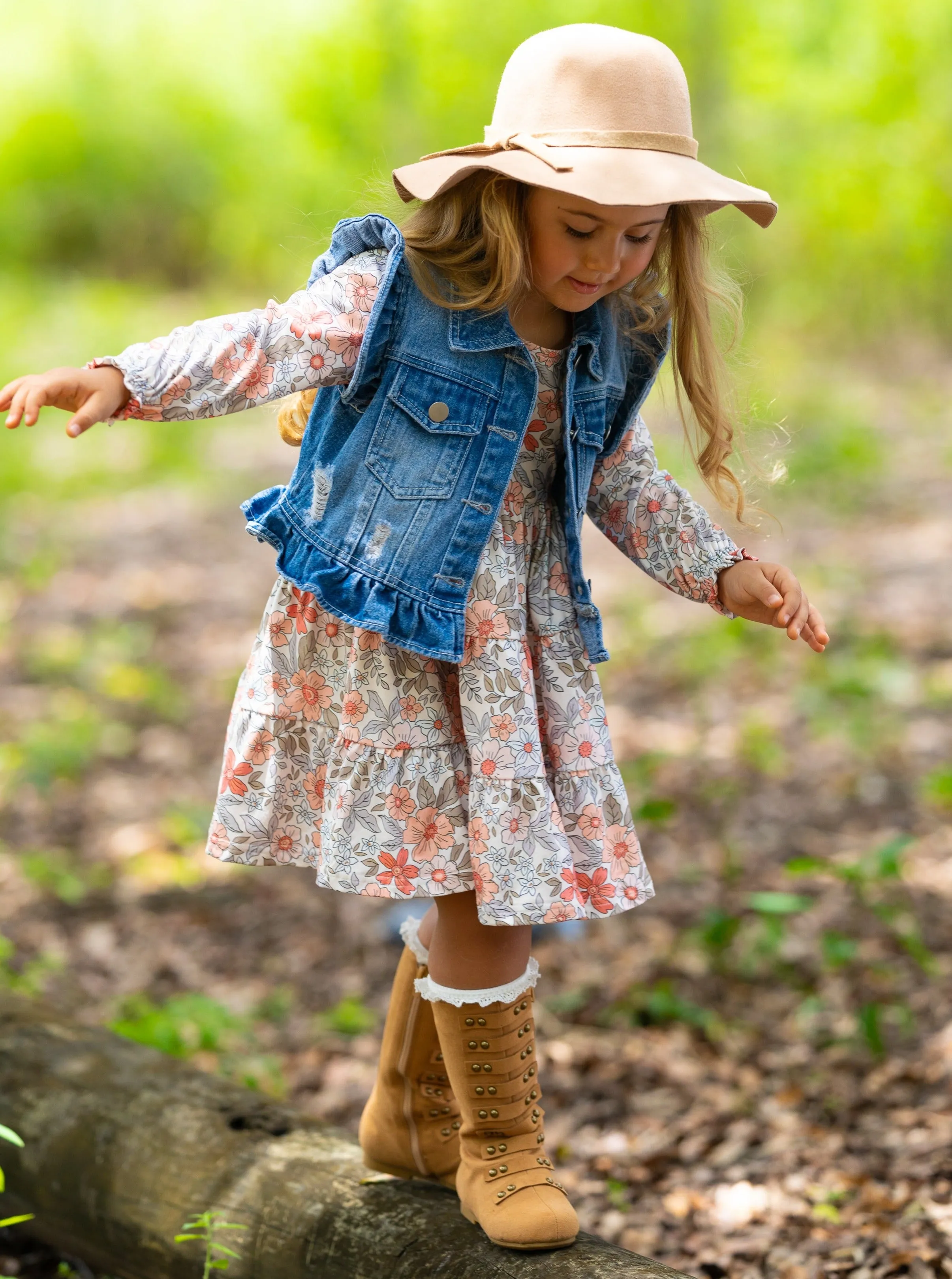 Always In Bloom Denim Vest and Floral Dress Set