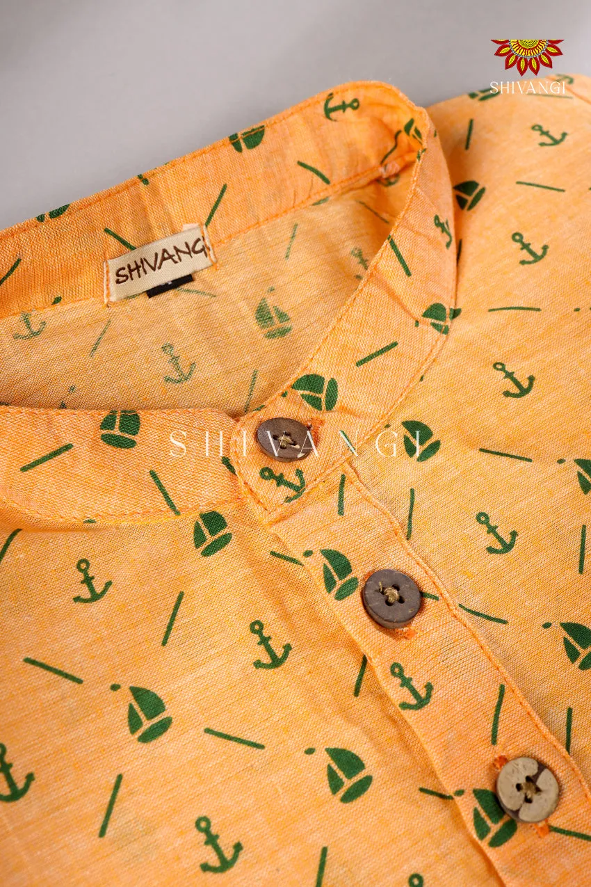 Boys Yellow With Green Ikkat Kurta