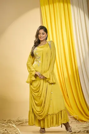 Bright Yellow Embellished Premium Chinon Silk Draped Gown