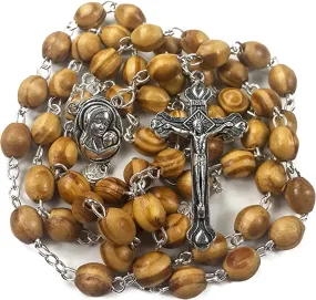 Catholic Prayer Rosary Olive Wood Beads Necklace Holy Soil Medal & Metal Cross and Velvet Bag