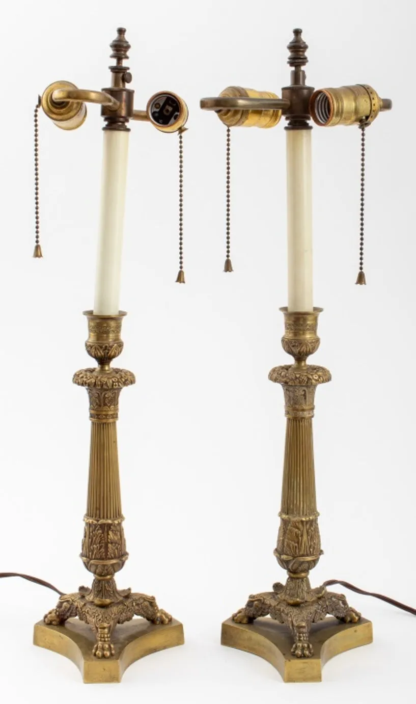 Charles X Gilt Metal Candlestick Lamps, Pair