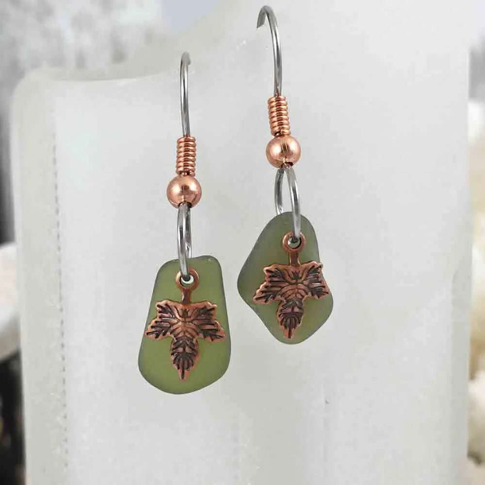 Clear Olive Green Sea Glass Earrings on Copper with Leaf Charms | #3068