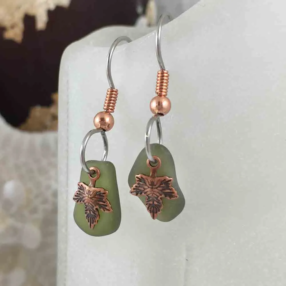 Clear Olive Green Sea Glass Earrings on Copper with Leaf Charms | #3068