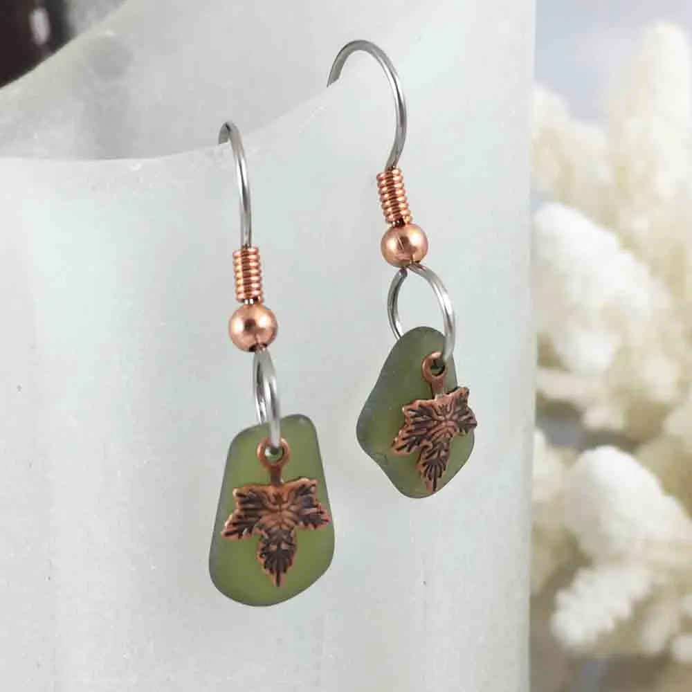 Clear Olive Green Sea Glass Earrings on Copper with Leaf Charms | #3068