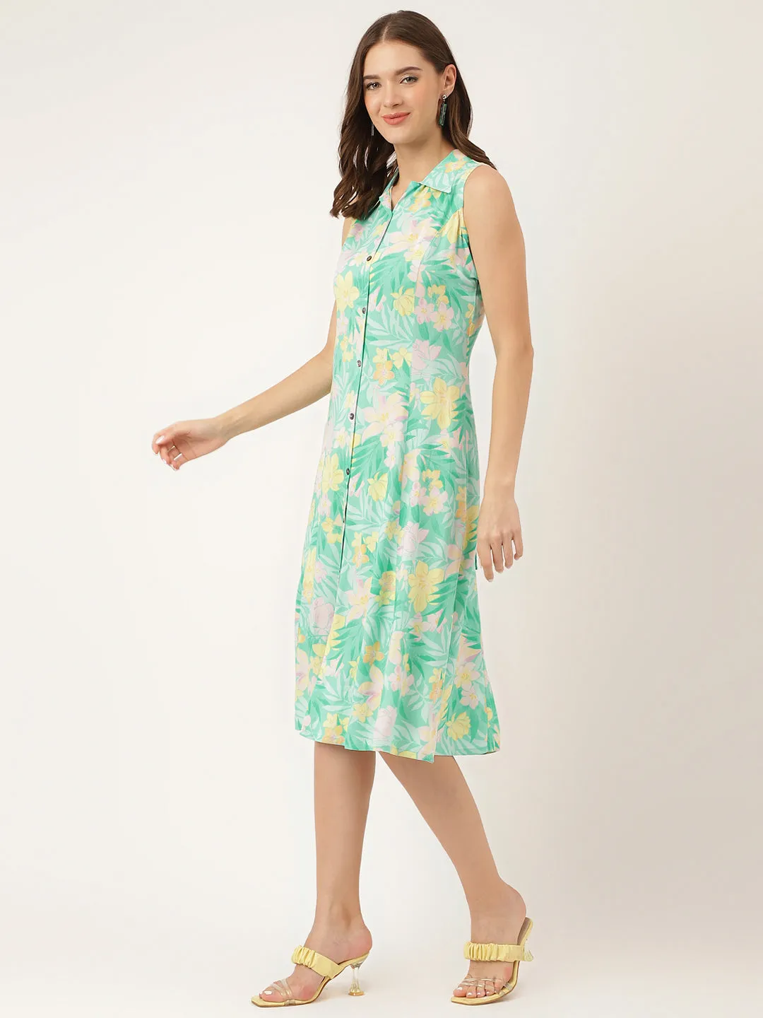 Divena Green Floral Printed Rayon A-Line Midi Dress with Attached Sleeves for Women