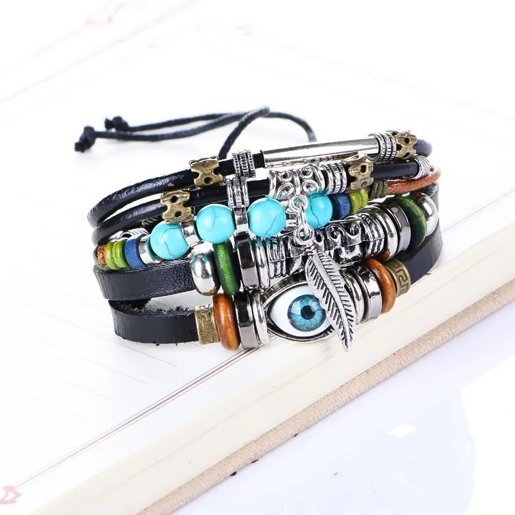 Evil Eye Vintage Multi-Layer Leather Bracelet Bangle