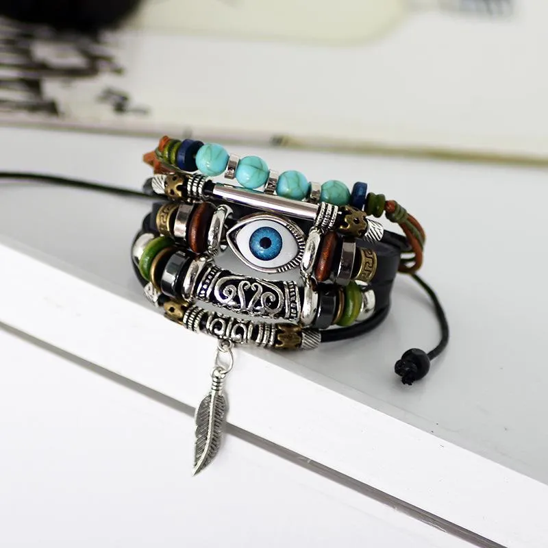 Evil Eye Vintage Multi-Layer Leather Bracelet Bangle