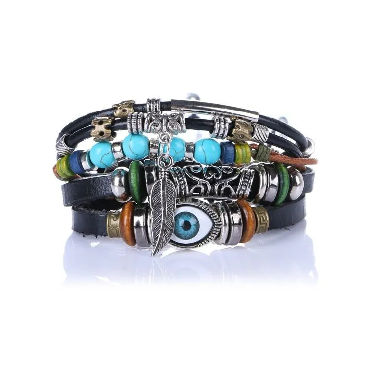 Evil Eye Vintage Multi-Layer Leather Bracelet Bangle