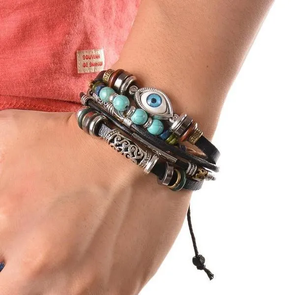 Evil Eye Vintage Multi-Layer Leather Bracelet Bangle