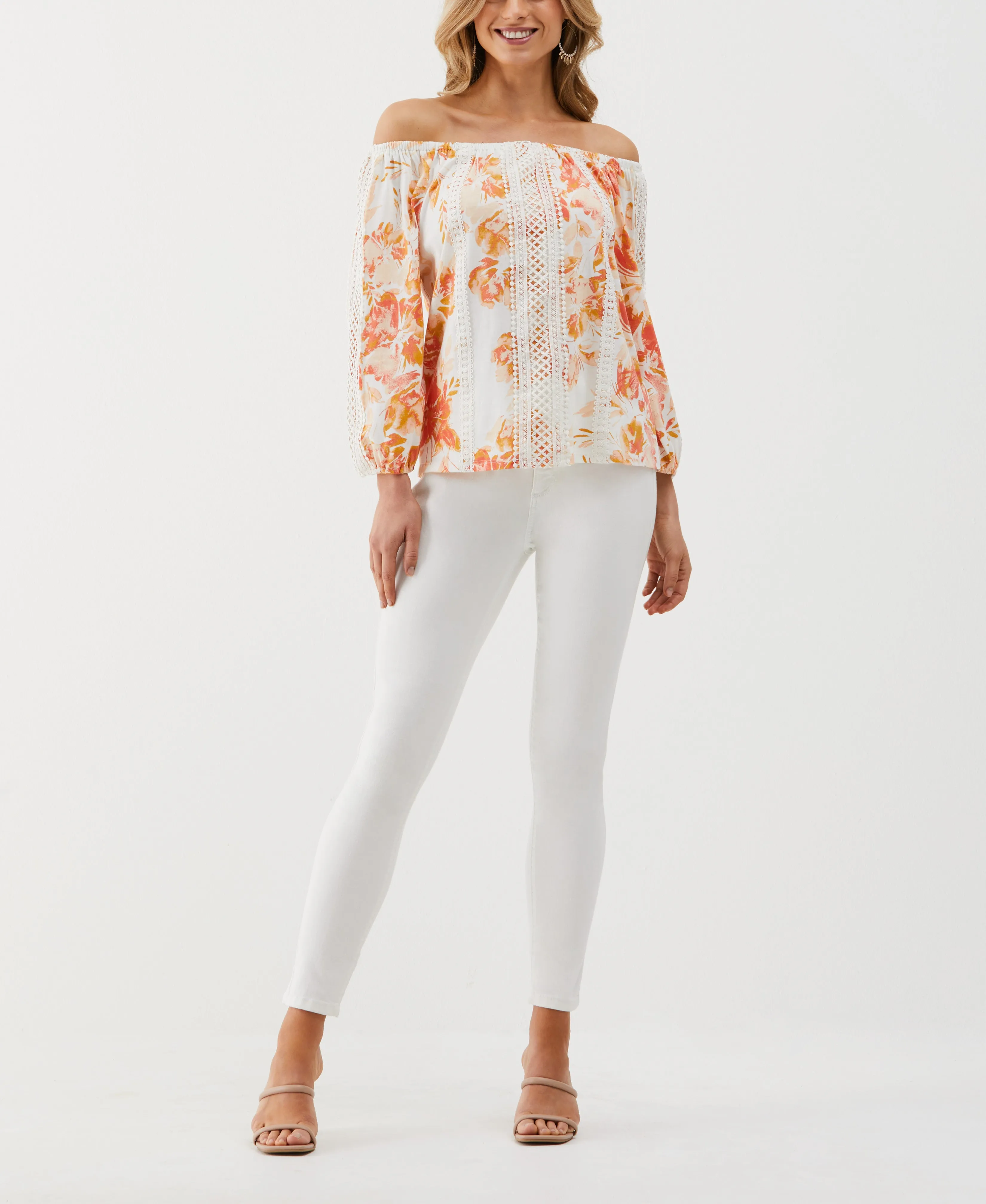 Floral Print Lace Trim Off the Shoulder Top