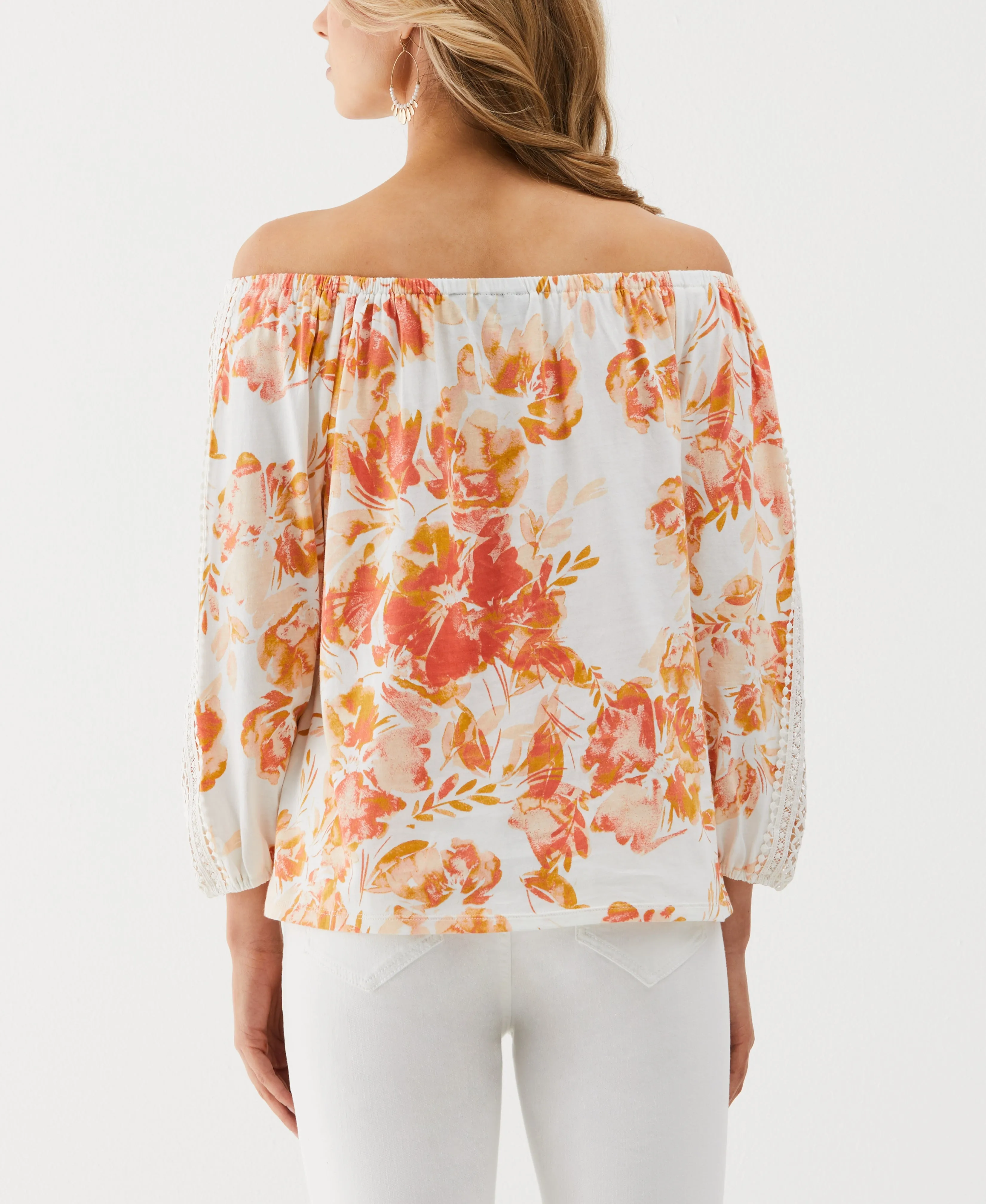 Floral Print Lace Trim Off the Shoulder Top