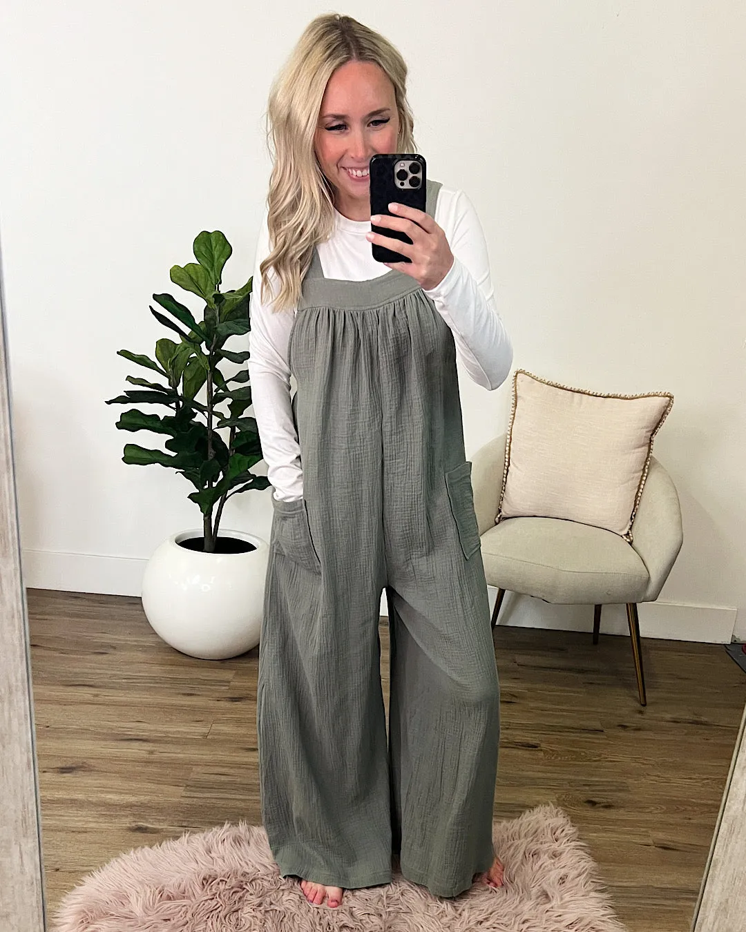 Gauze Wide Leg Overall Jumpsuit - Olive Gray