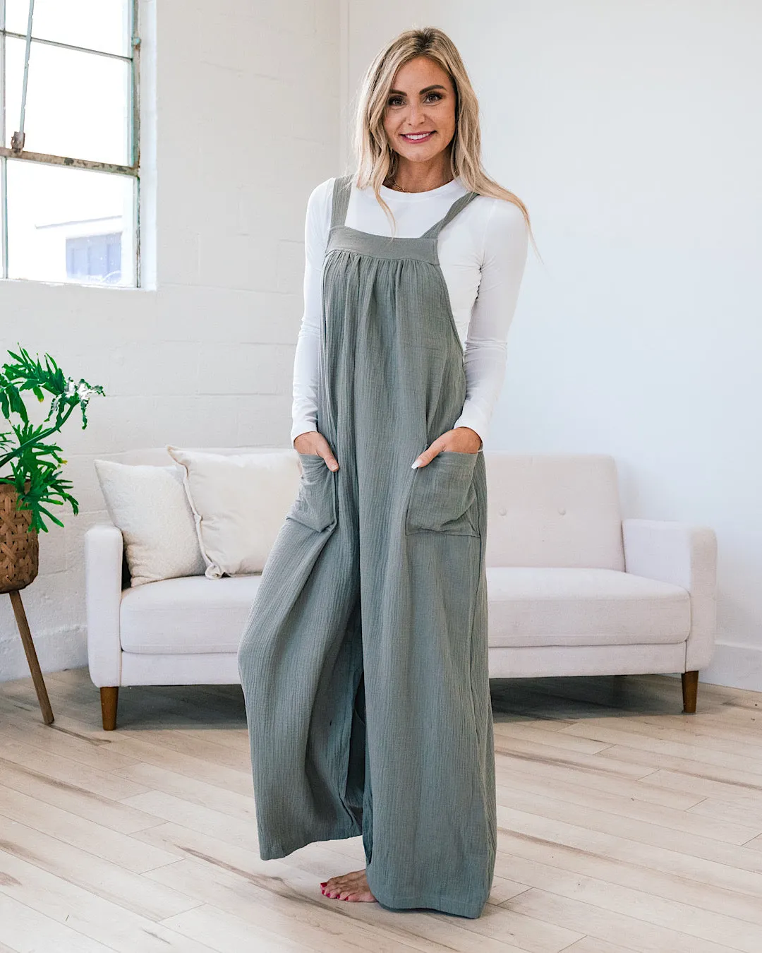 Gauze Wide Leg Overall Jumpsuit - Olive Gray