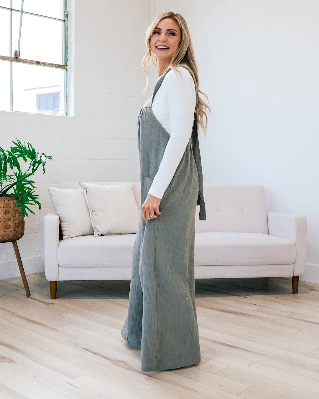 Gauze Wide Leg Overall Jumpsuit - Olive Gray