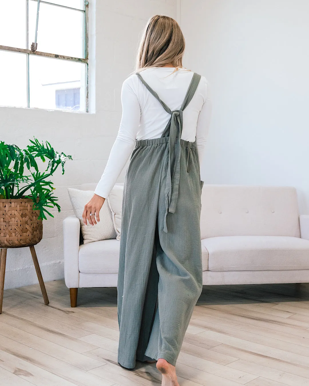 Gauze Wide Leg Overall Jumpsuit - Olive Gray