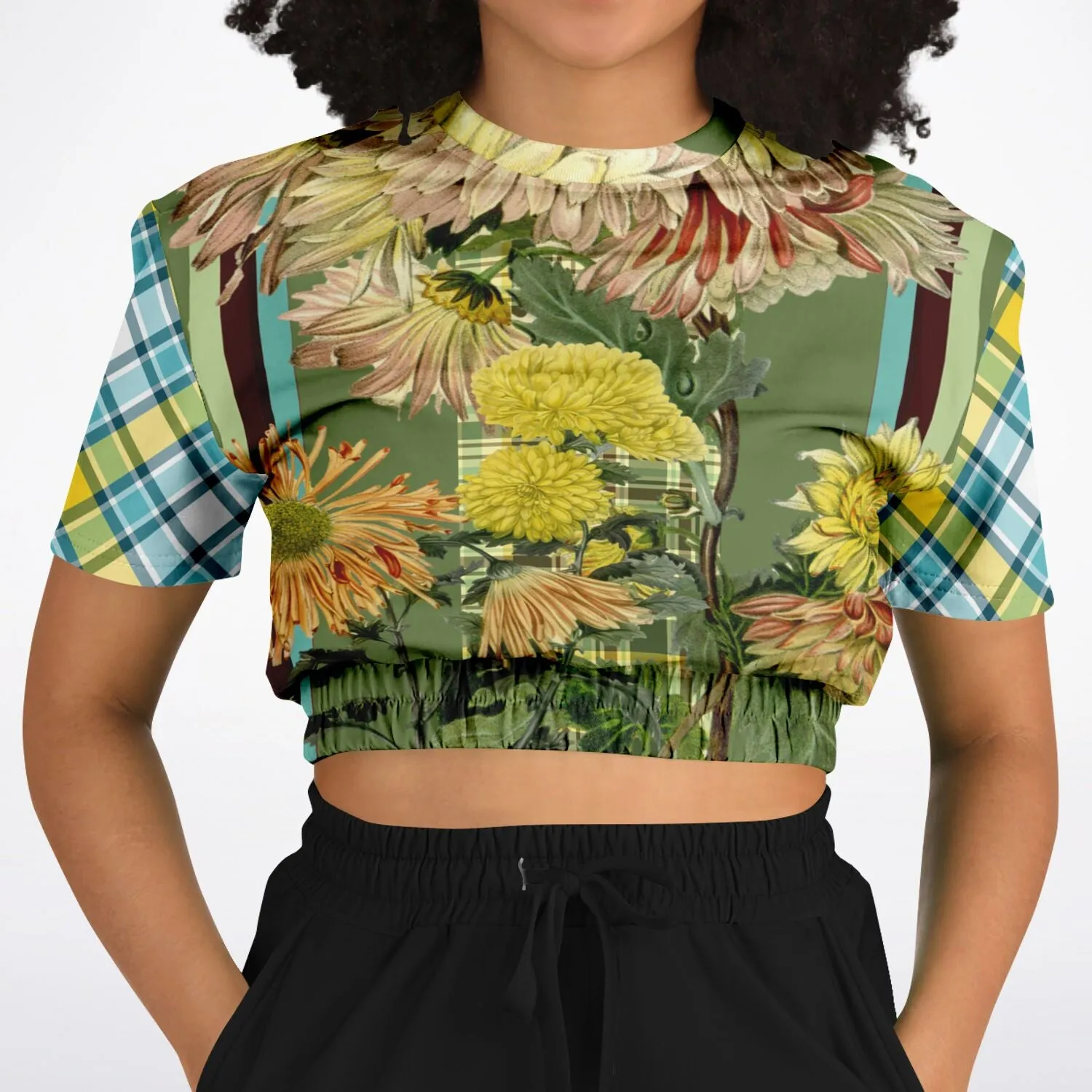 Green Caravan Plaid Short Sleeve Cropped Eco-Poly Sweater