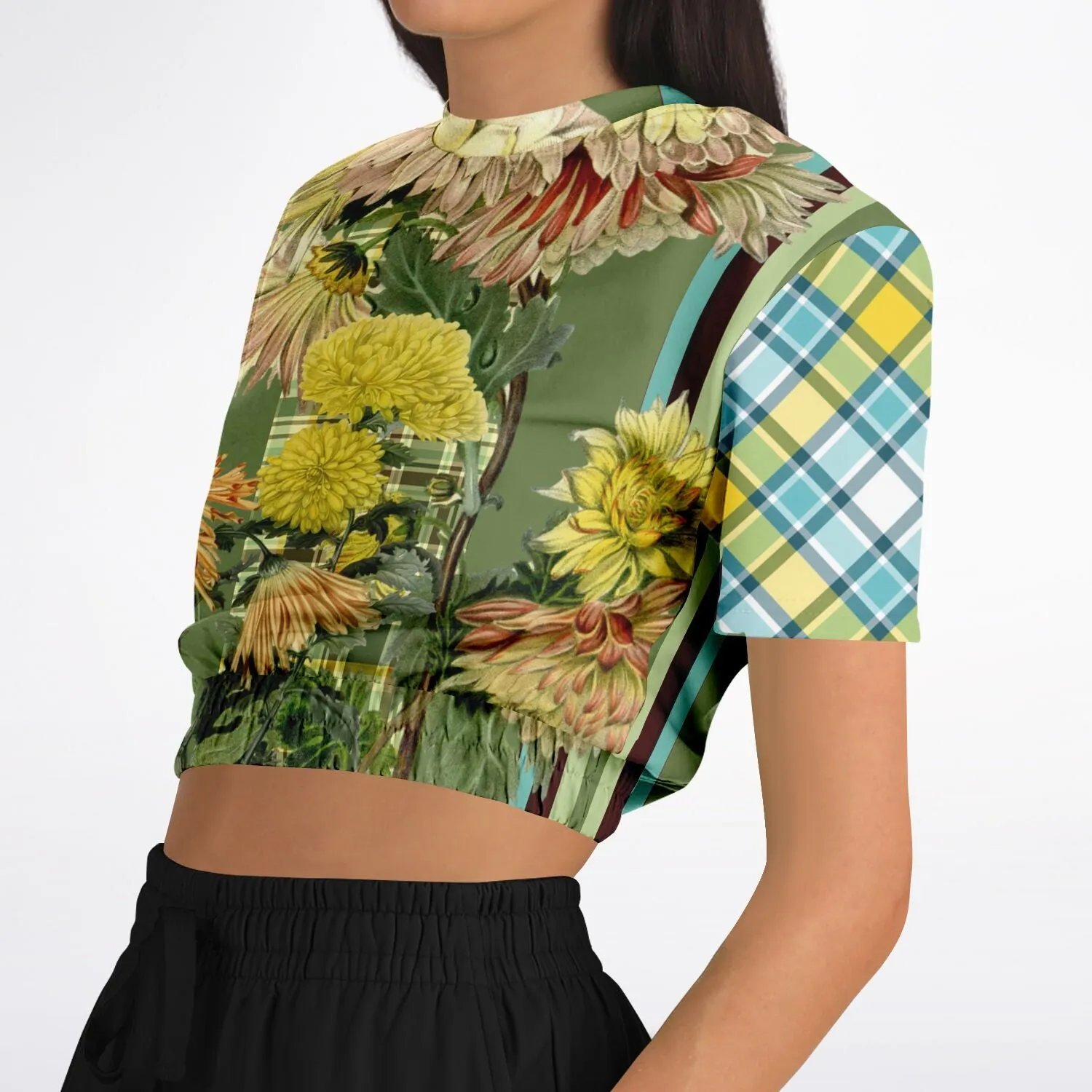 Green Caravan Plaid Short Sleeve Cropped Eco-Poly Sweater