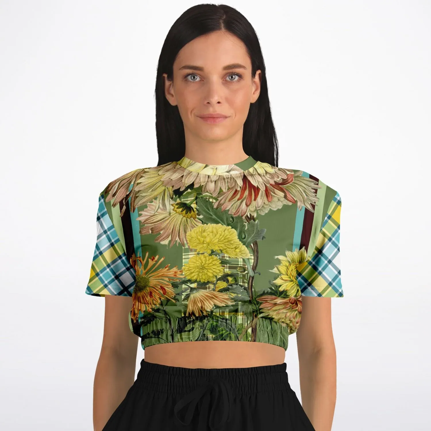 Green Caravan Plaid Short Sleeve Cropped Eco-Poly Sweater