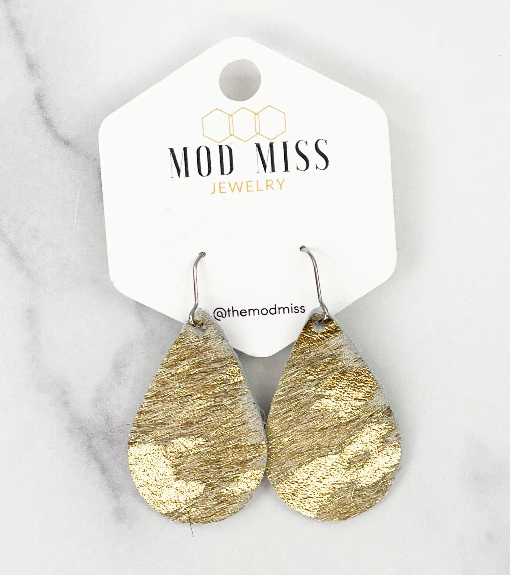 Leather Teardrop Earring HOH Metallic Gold