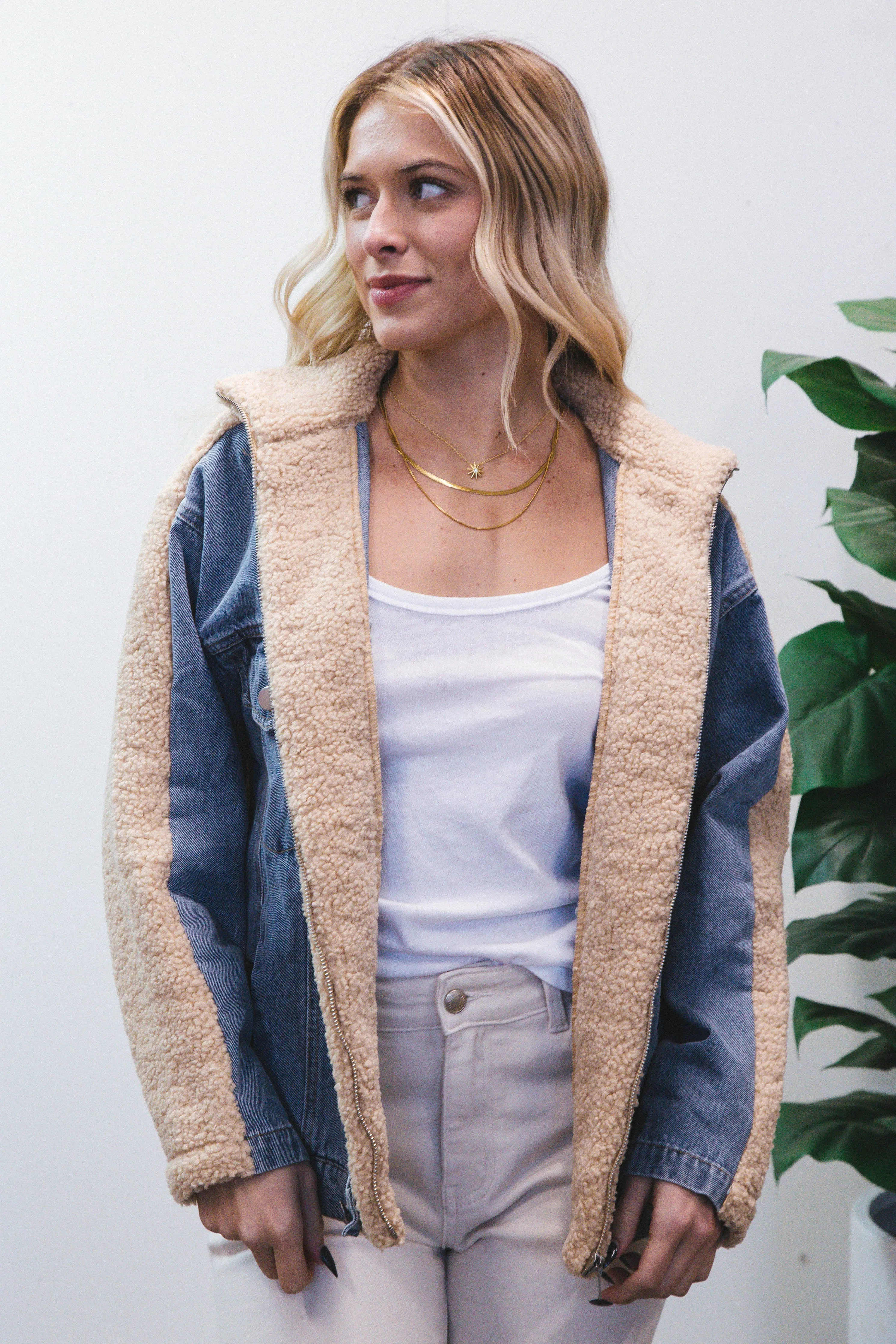 Lexie Faux Fur Denim Mix Jacket, Tan/Denim