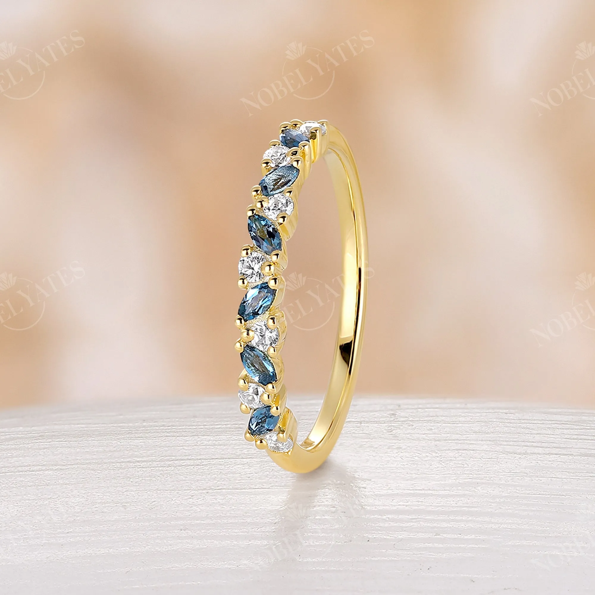 London Blue Topaz & Moissanite Cluster Wedding Band Yellow Gold