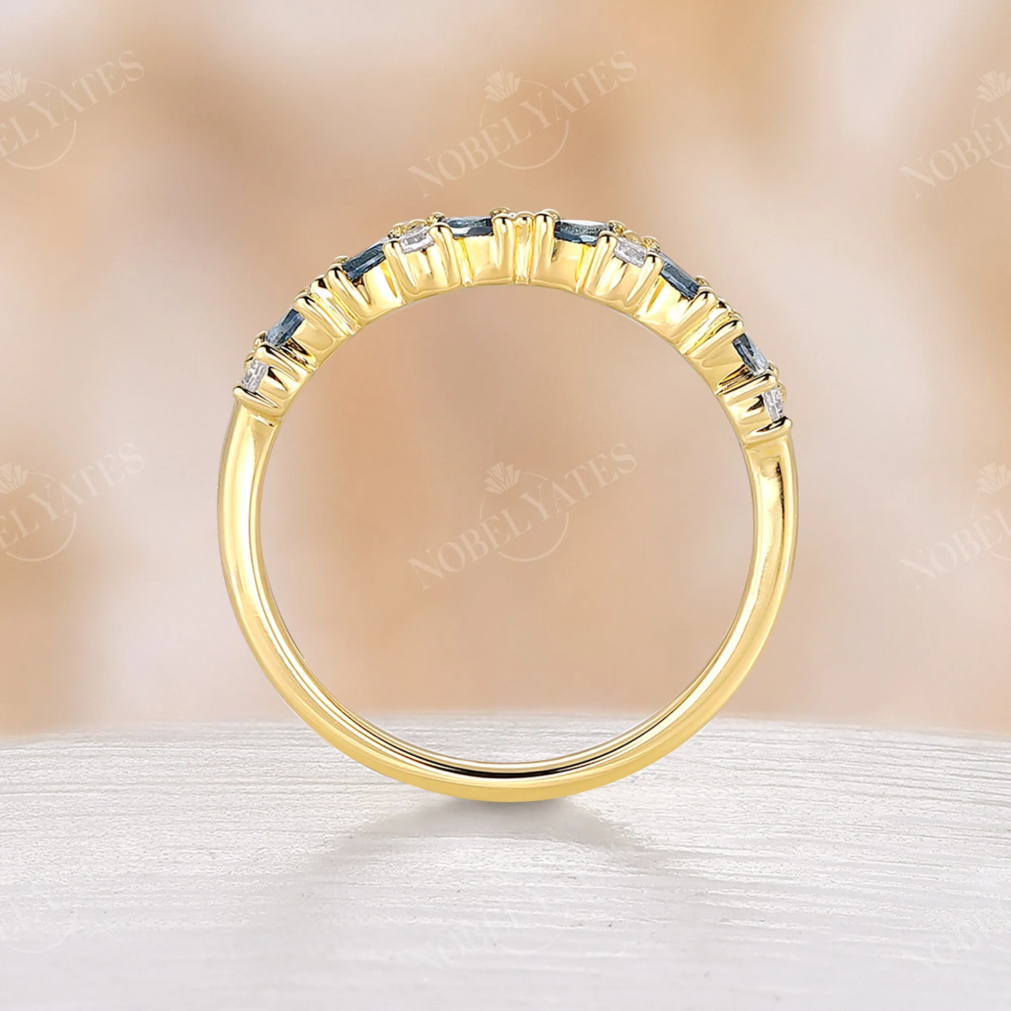 London Blue Topaz & Moissanite Cluster Wedding Band Yellow Gold