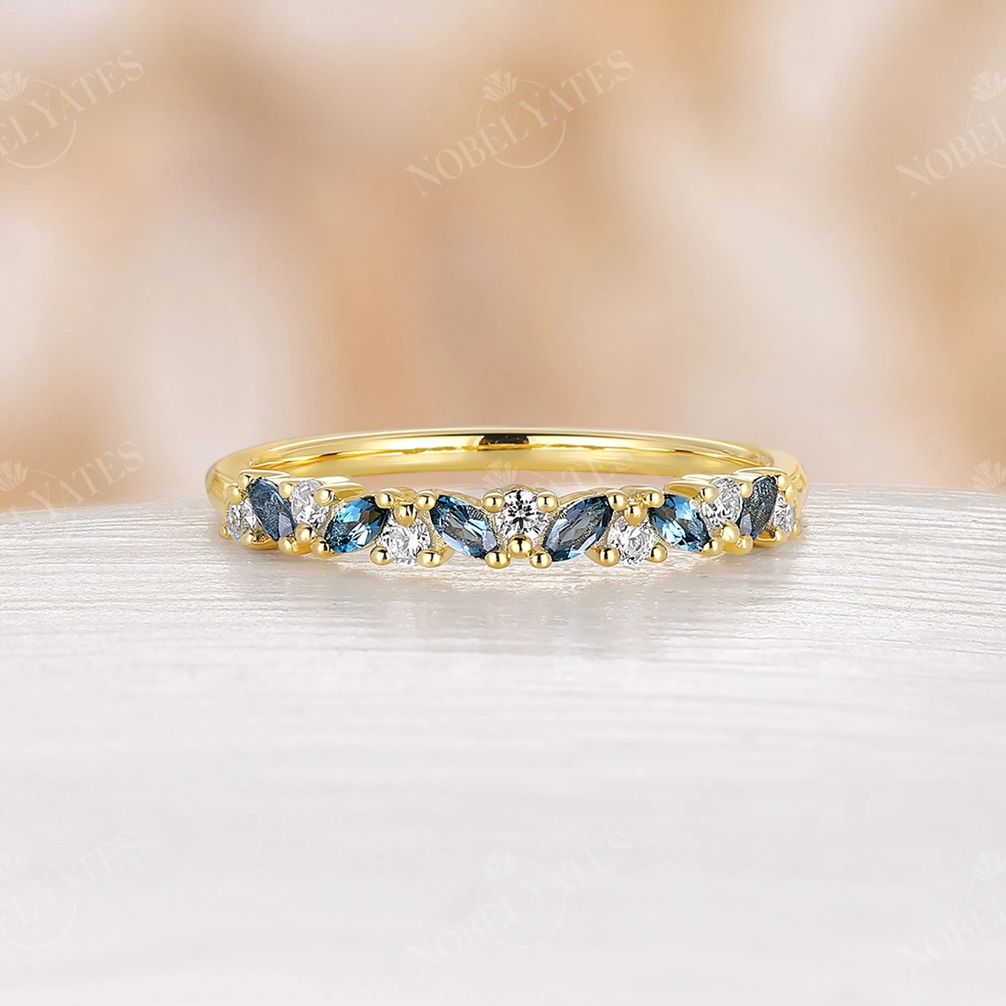 London Blue Topaz & Moissanite Cluster Wedding Band Yellow Gold