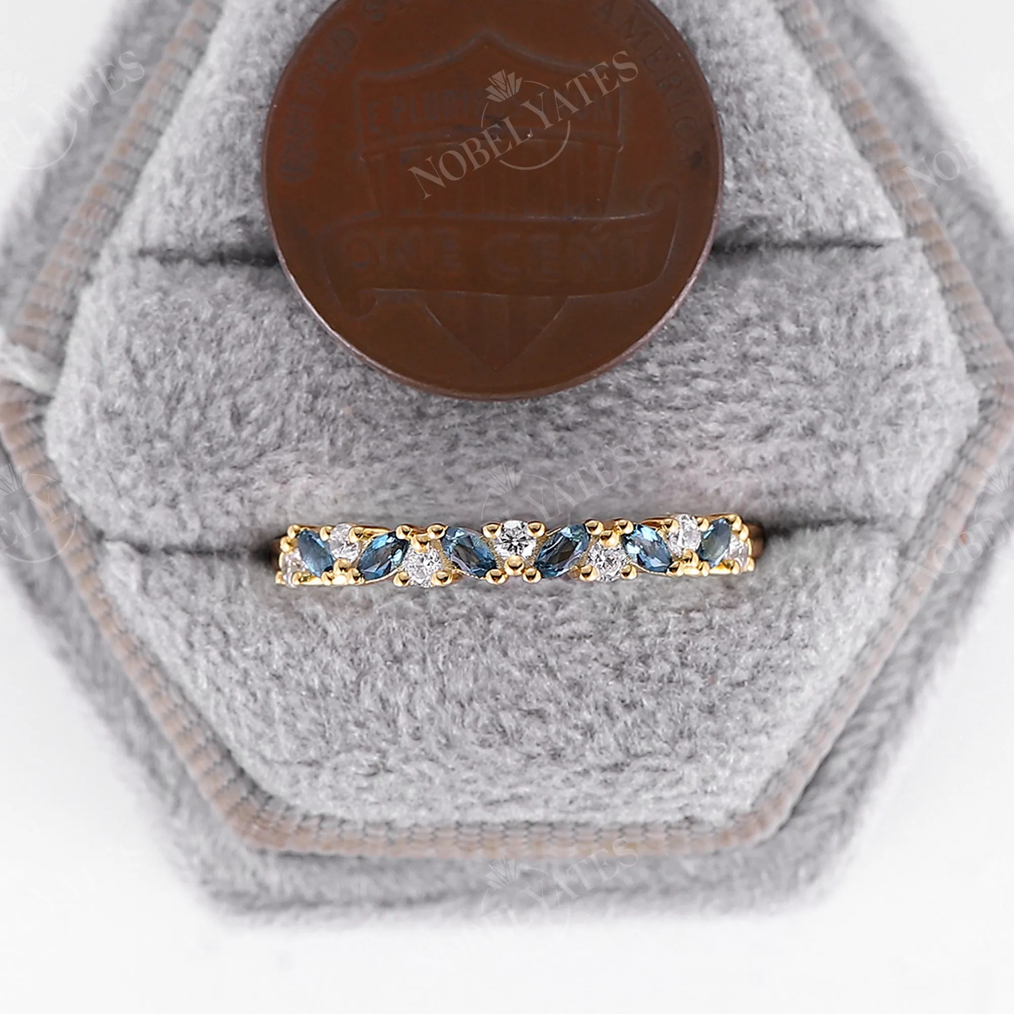 London Blue Topaz & Moissanite Cluster Wedding Band Yellow Gold