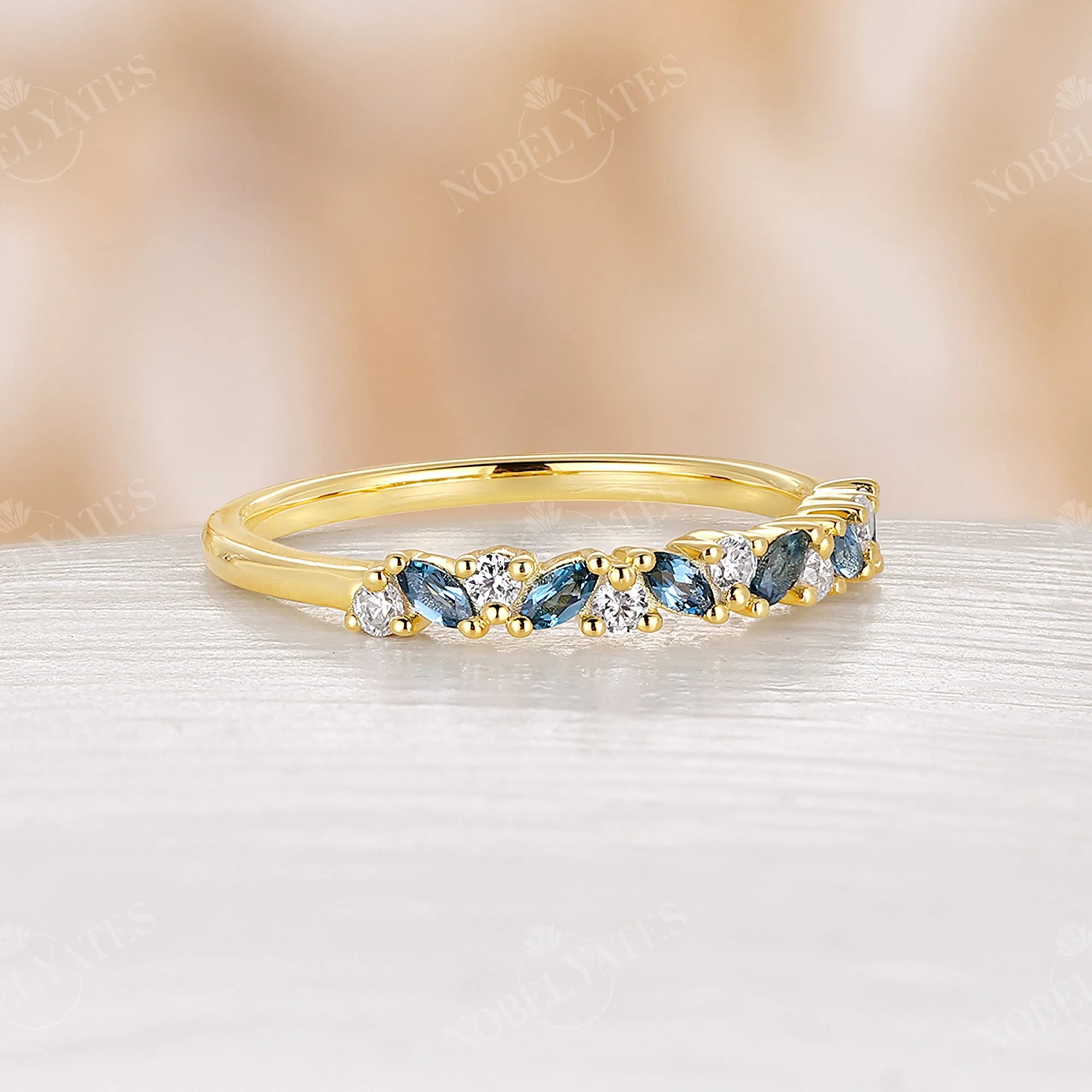 London Blue Topaz & Moissanite Cluster Wedding Band Yellow Gold