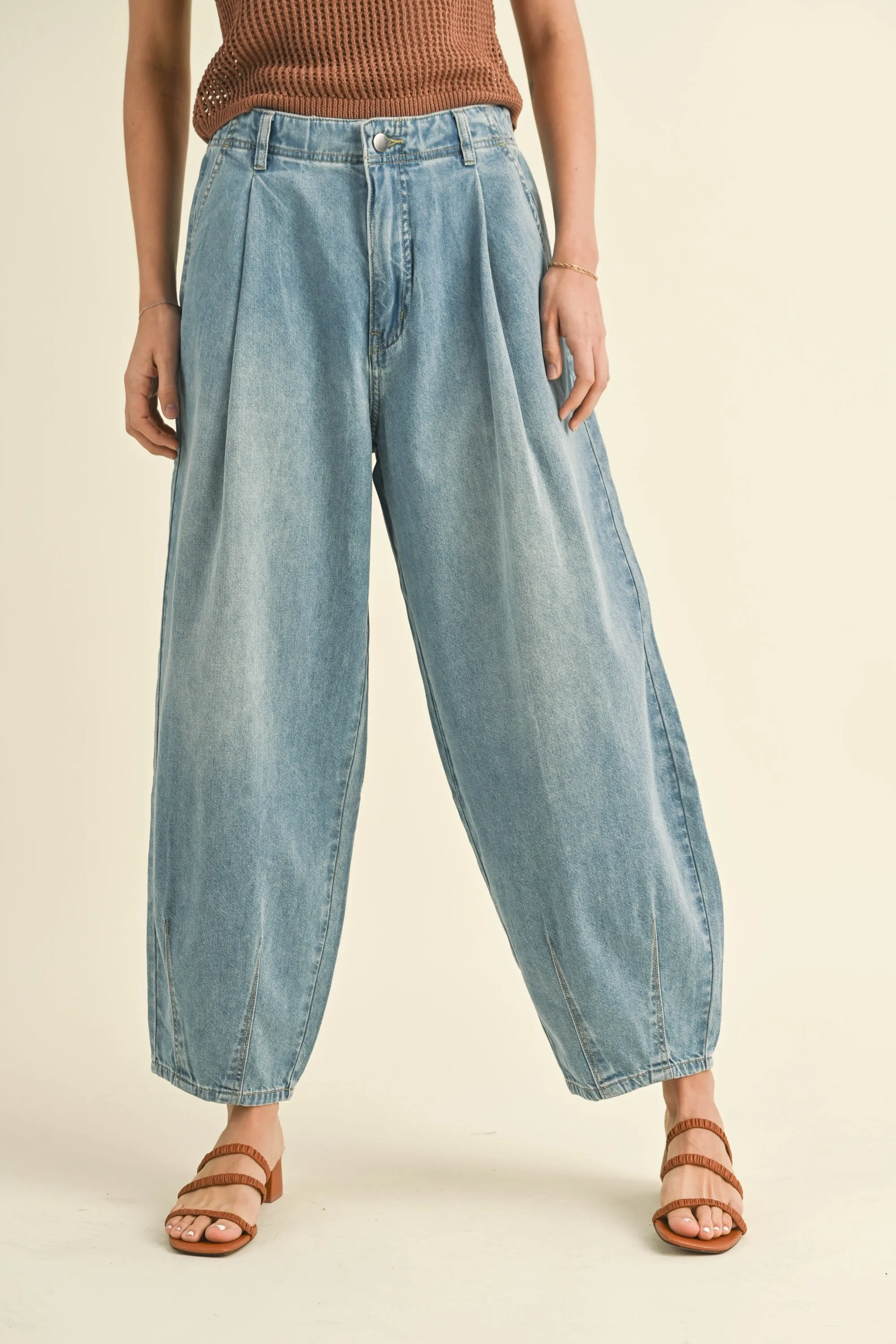 Loose Fit Barrel Jean with Pleat Detail in light denim by Miou Muse