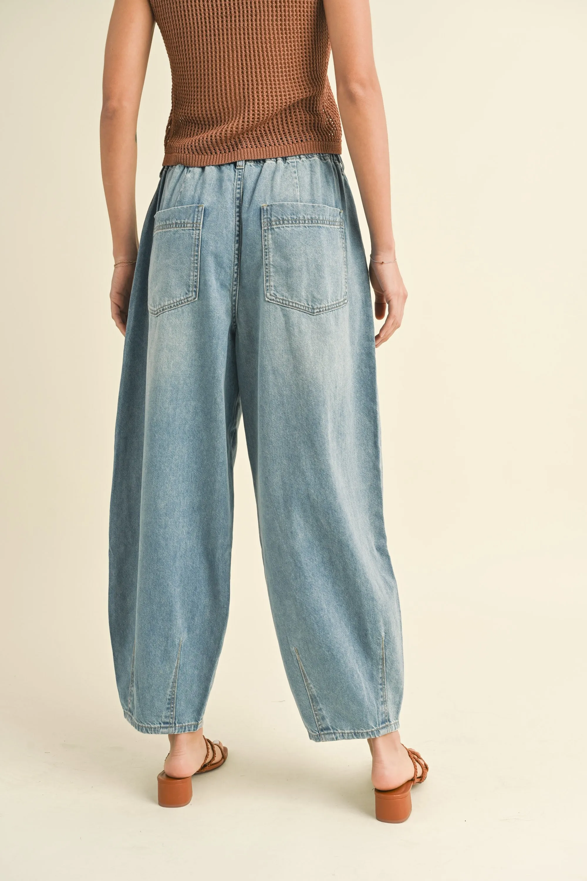 Loose Fit Barrel Jean with Pleat Detail in light denim by Miou Muse