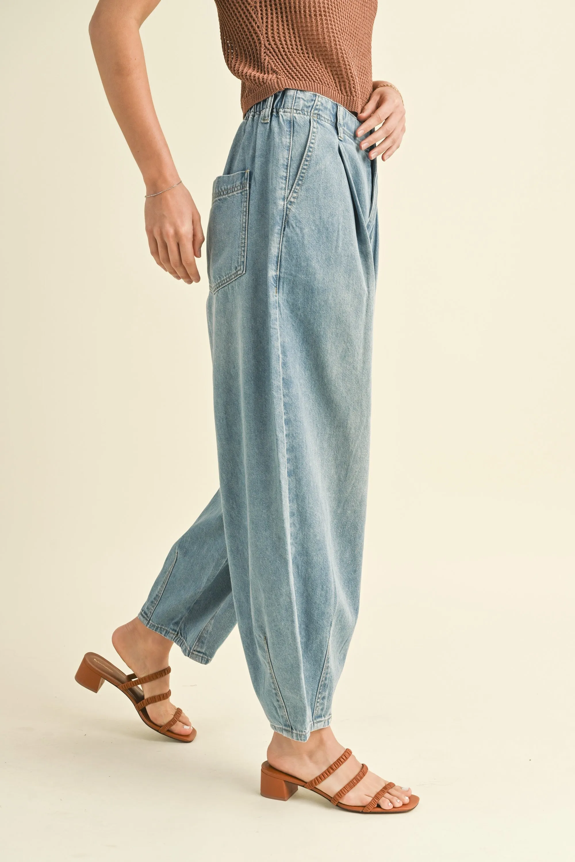 Loose Fit Barrel Jean with Pleat Detail in light denim by Miou Muse