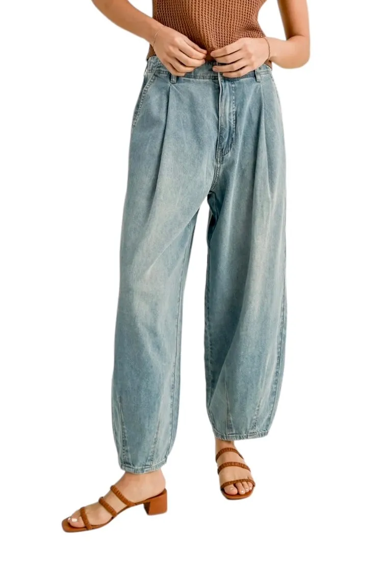 Loose Fit Barrel Jean with Pleat Detail in light denim by Miou Muse