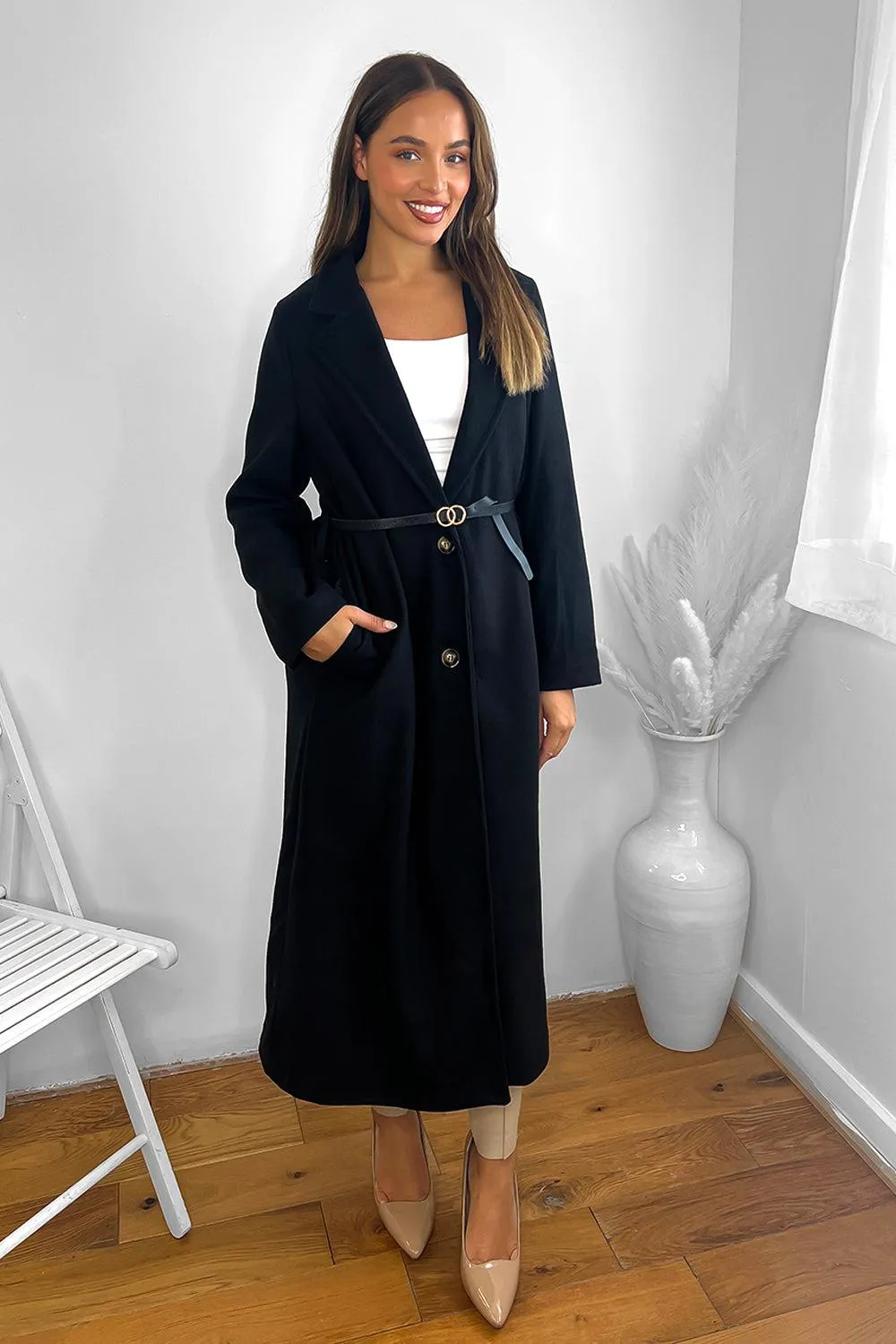 Loose Fit Circle Belt Soft Long Button Down A-Line Lapel Coat