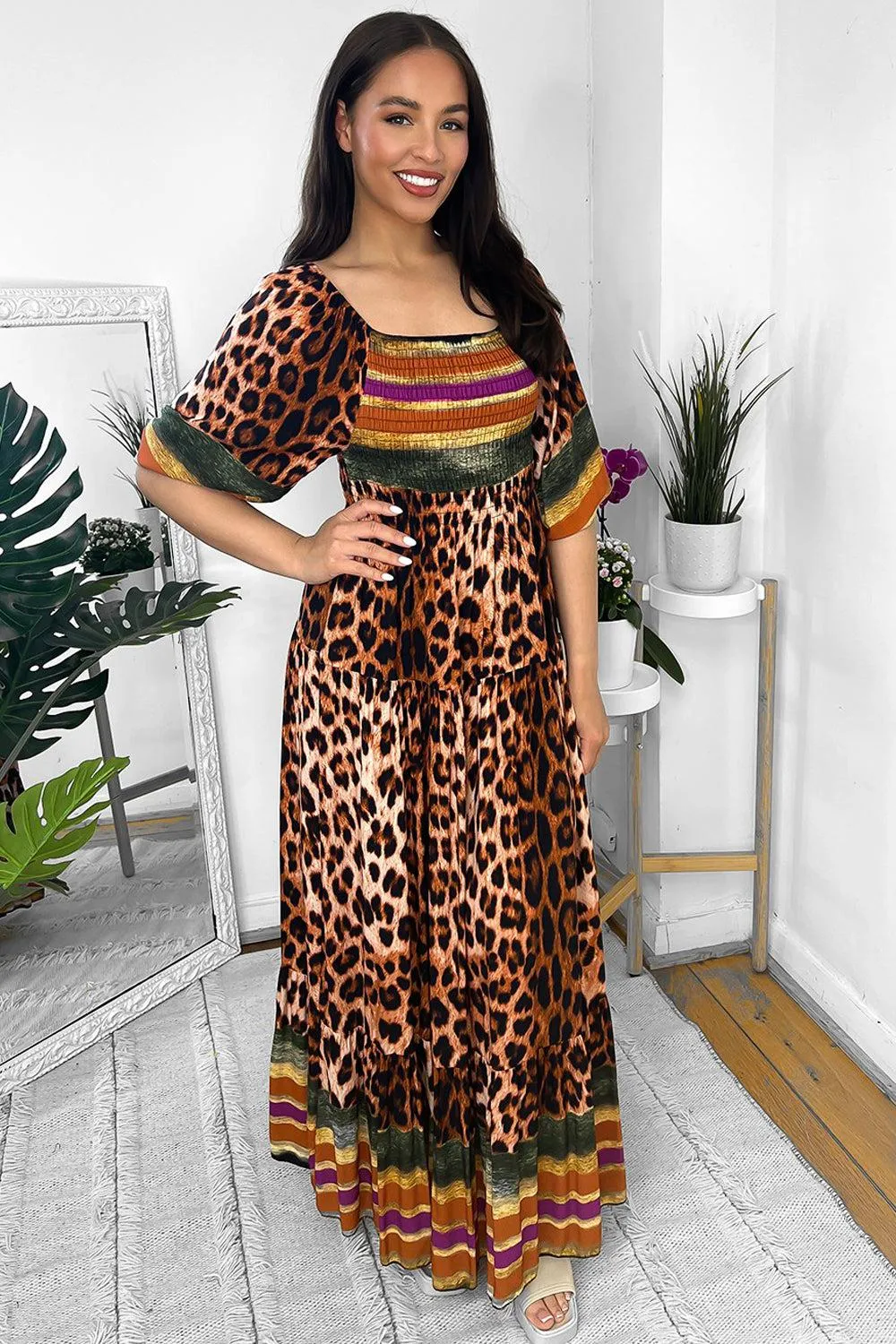 Multicolour Leopard Print Milkmaid Maxi Dress