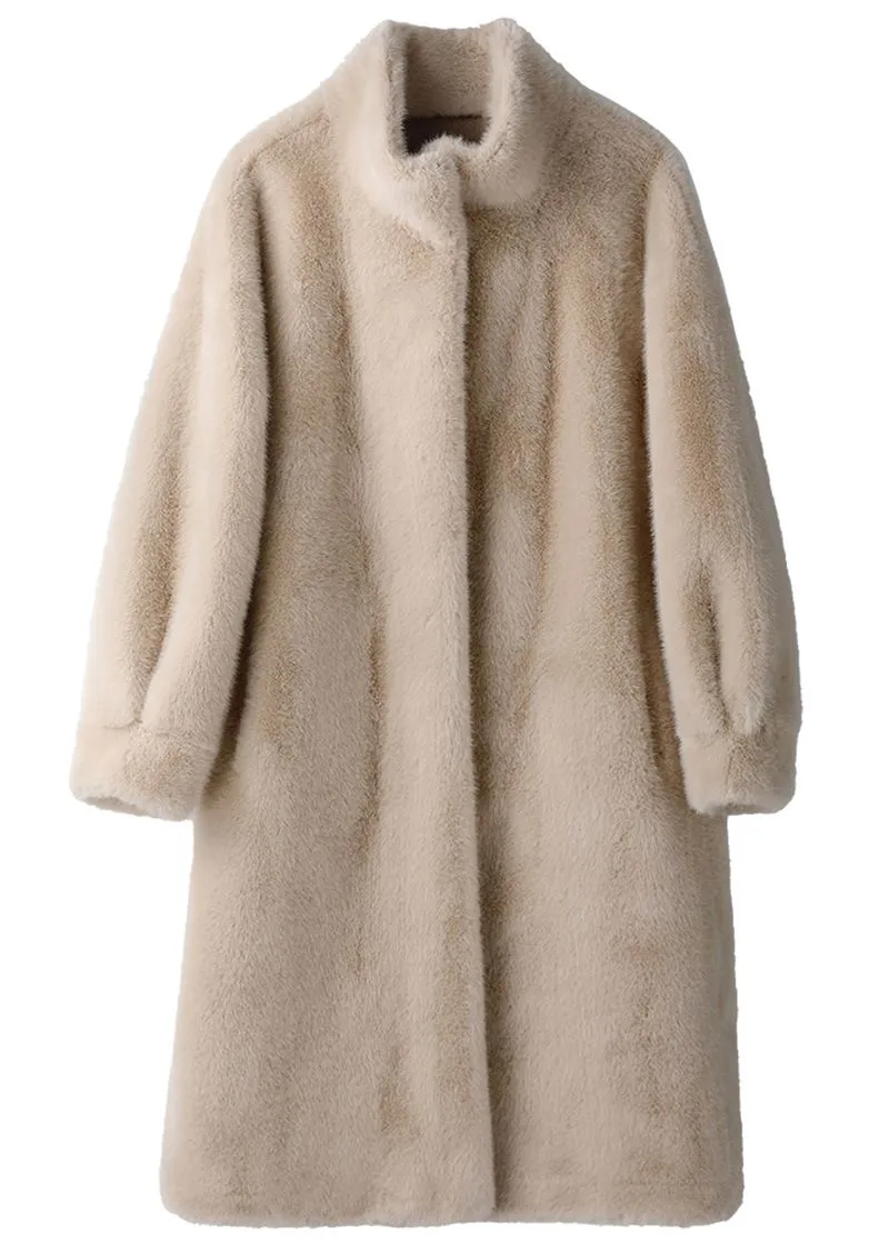 Muriel Stand Collar Faux Mink Fur Midi Thick Coat