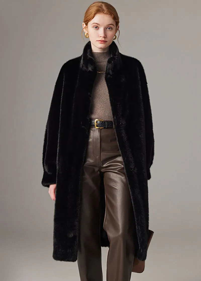 Muriel Stand Collar Faux Mink Fur Midi Thick Coat