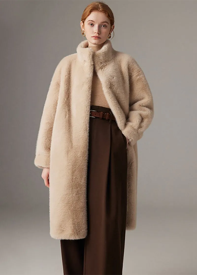 Muriel Stand Collar Faux Mink Fur Midi Thick Coat