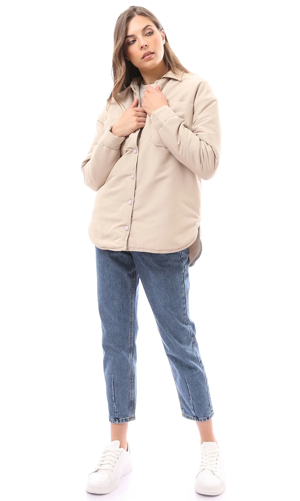 O170782 Long Sleeves Coziness Beige Puffer Jacket