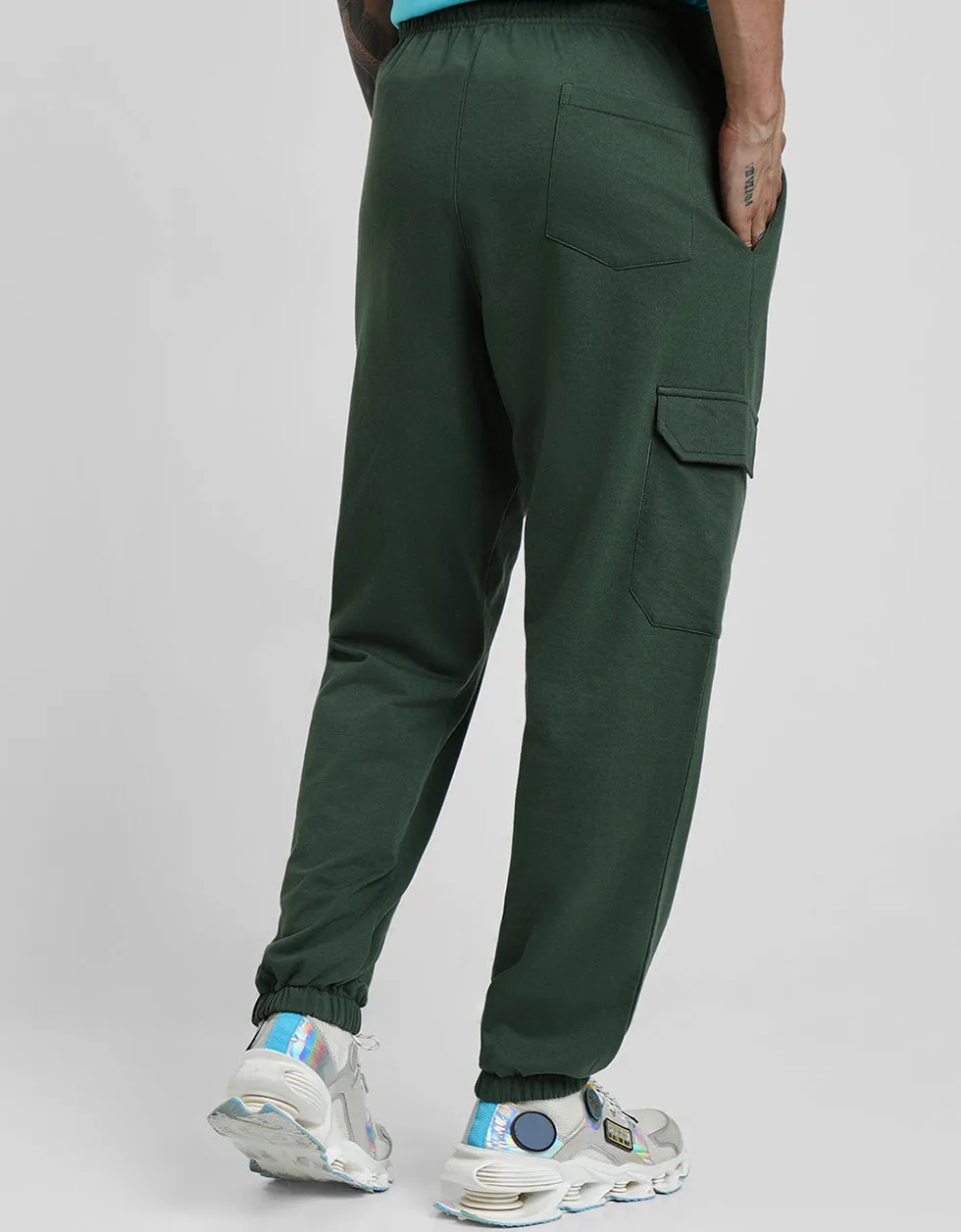 Olive Green Solid Baggy Fit Cargo Pants