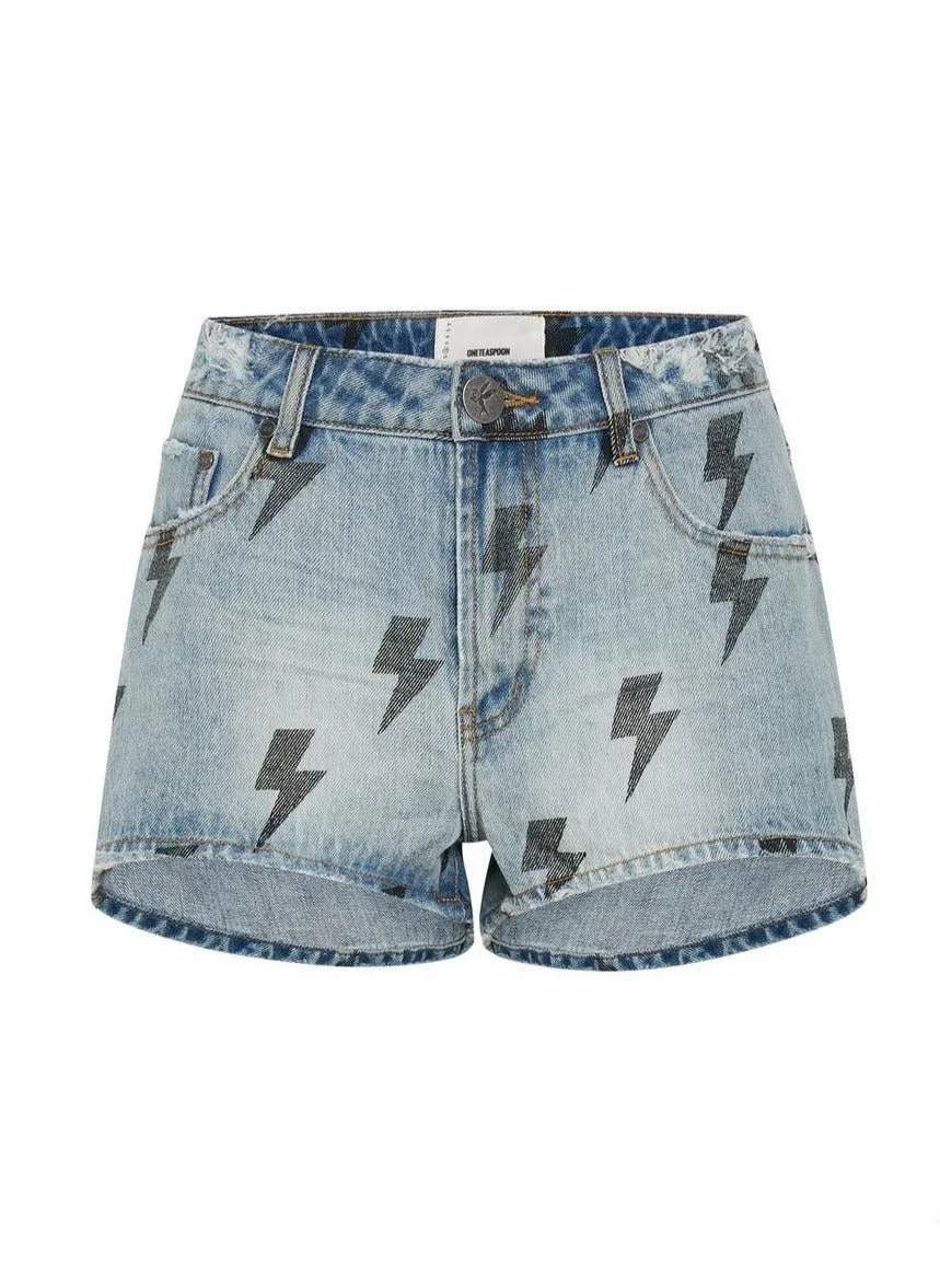 One Teaspoon Blue Lightning Bolt Bonita High Waist Denim Shorts