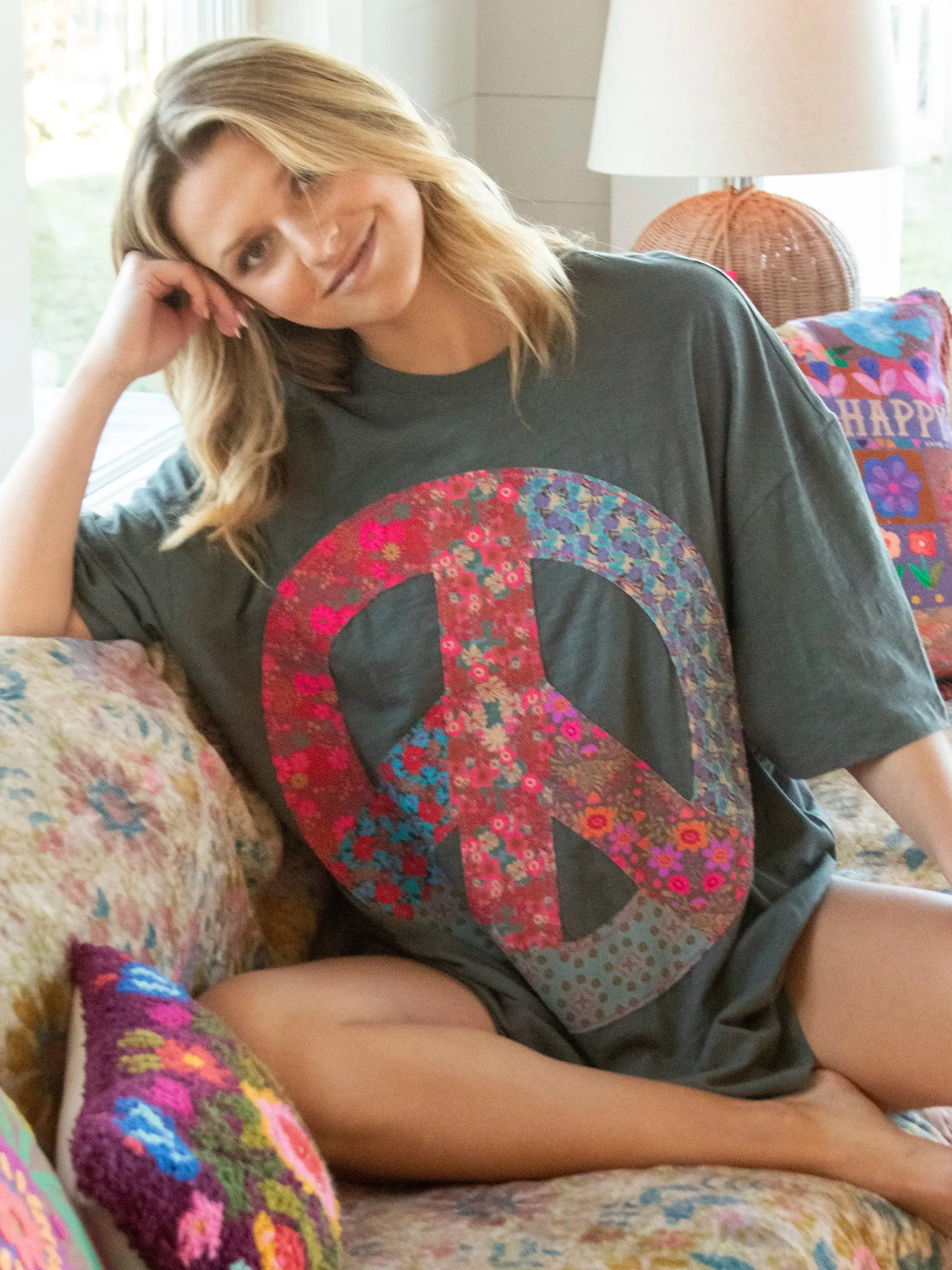 Oversized Cotton Applique Tee - Peace Sign Charcoal