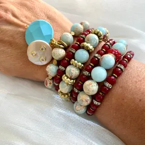 Pale Blue & Deep Red Stretchy Bracelets, Opal Sediment Jasper, Red Agate, Pearl and Turquoise Charms